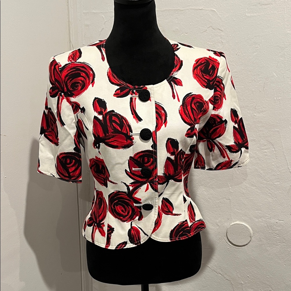 vintage-style Jaeger blazer with a red rose print